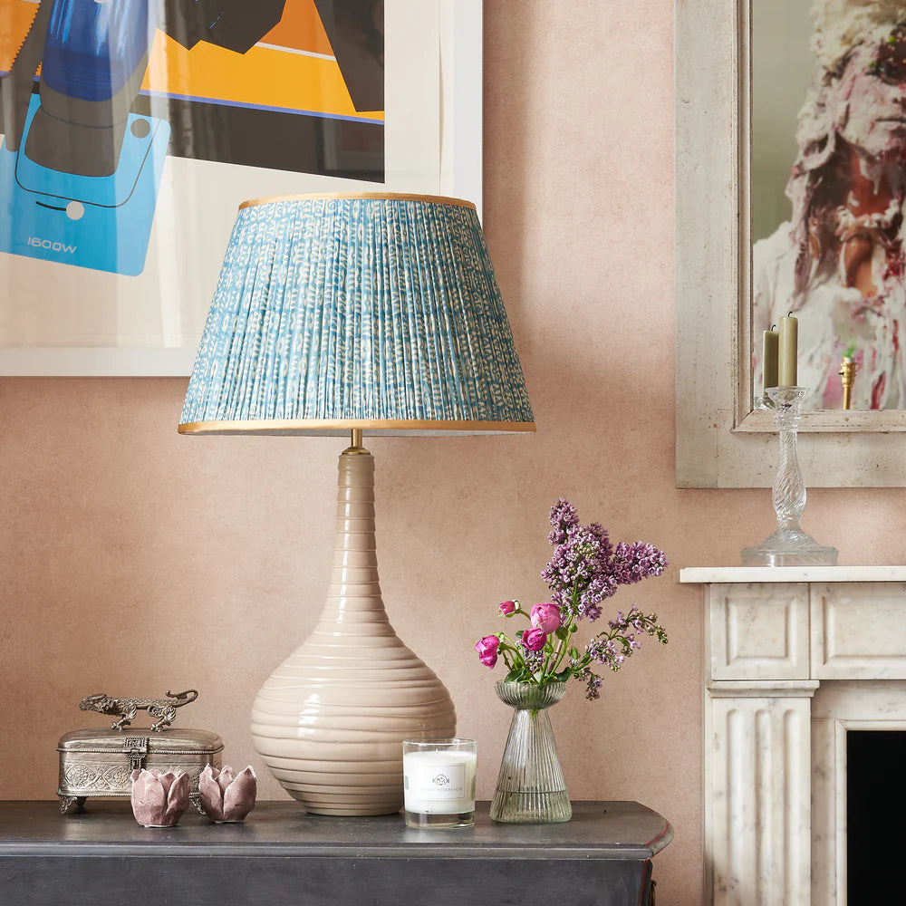 White on Blue Tribal Pleated Silk Lampshade with Gold Trim by Penny Morrison