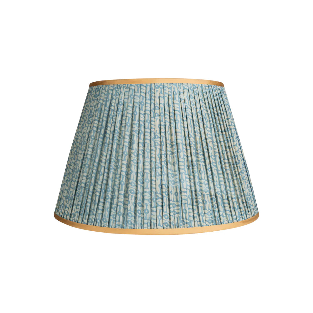 White on Blue Tribal Pleated Silk Lampshade with Gold Trim by Penny Morrison