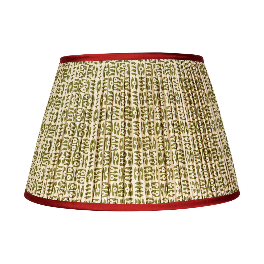 Green on White Tribal Pleated Silk Lampshade with Red Trim by Penny Morrison