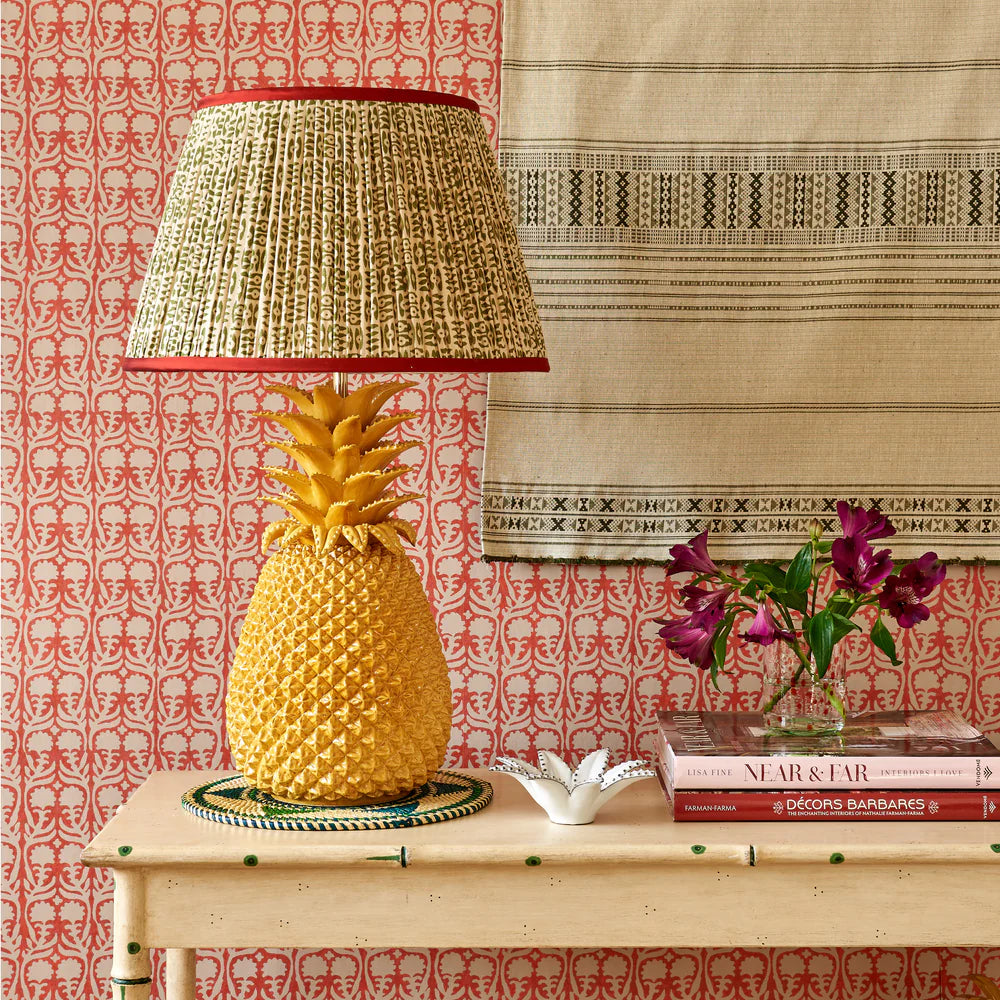 Green on White Tribal Pleated Silk Lampshade with Red Trim by Penny Morrison