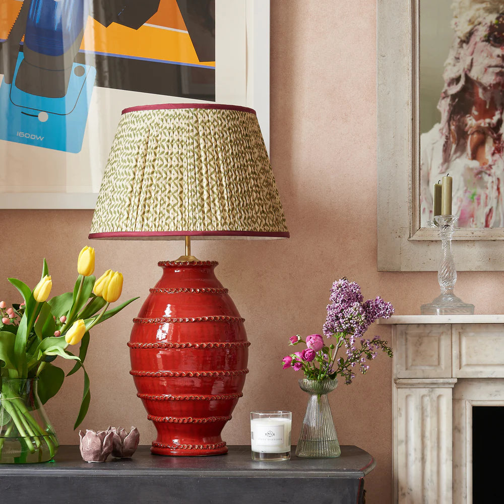 Green Trellis Pleated Silk Silk Lampshade with Burgundy Trim by Penny Morrison