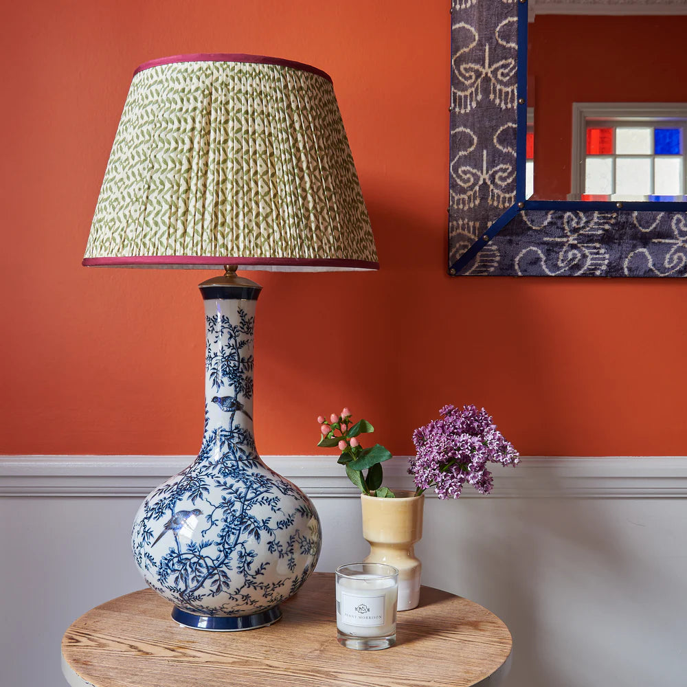 Green Trellis Pleated Silk Silk Lampshade with Burgundy Trim by Penny Morrison