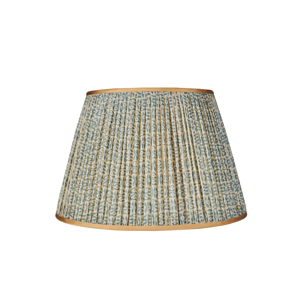 Blue on White Tribal Pleated Silk Lampshade with Gold Trim by Penny Morrison