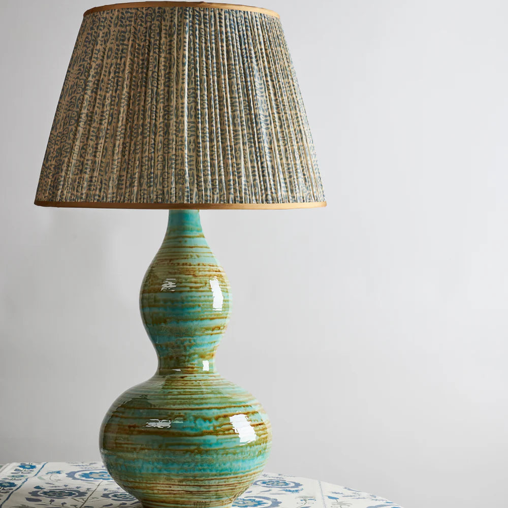 Blue on White Tribal Pleated Silk Lampshade with Gold Trim by Penny Morrison