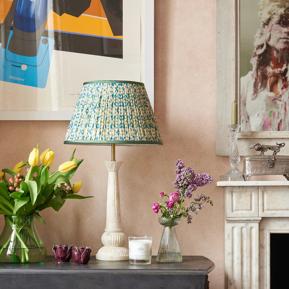 Green and Turquoise Chunky Flower Pleated Silk Lampshade with Green Trim by Penny Morrison