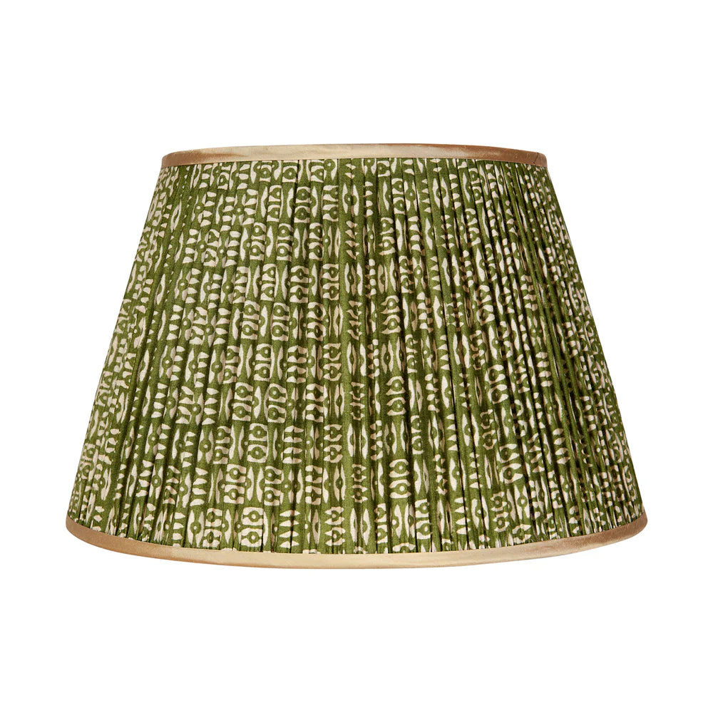 White on Green Pleated Silk Lampshade with Gold Trim by Penny Morrison