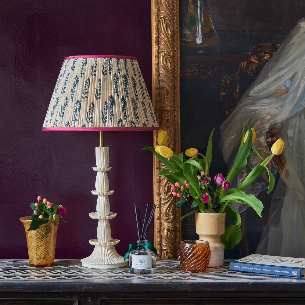 Blue Flower on Cream Pleated Silk Lampshade with Pink Trim