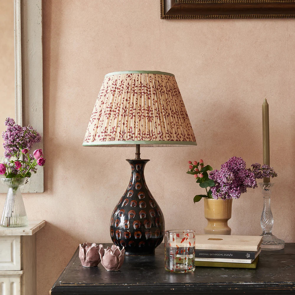 Plum on Cream Pleated Silk Lampshade with Mint Trim by Penny Morrison