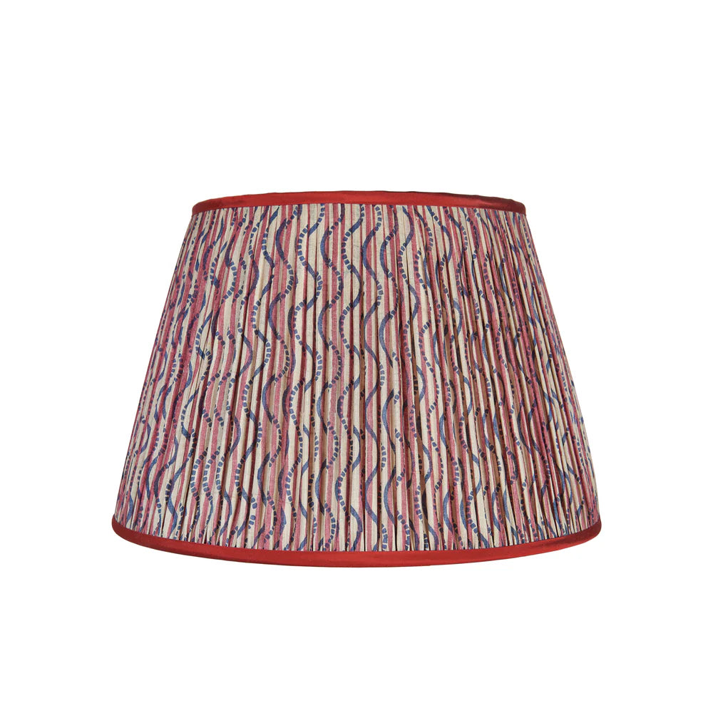 Red Stripe and Blue Squiggle Pleated Silk Lampshade with Red Trim by Penny Morrison