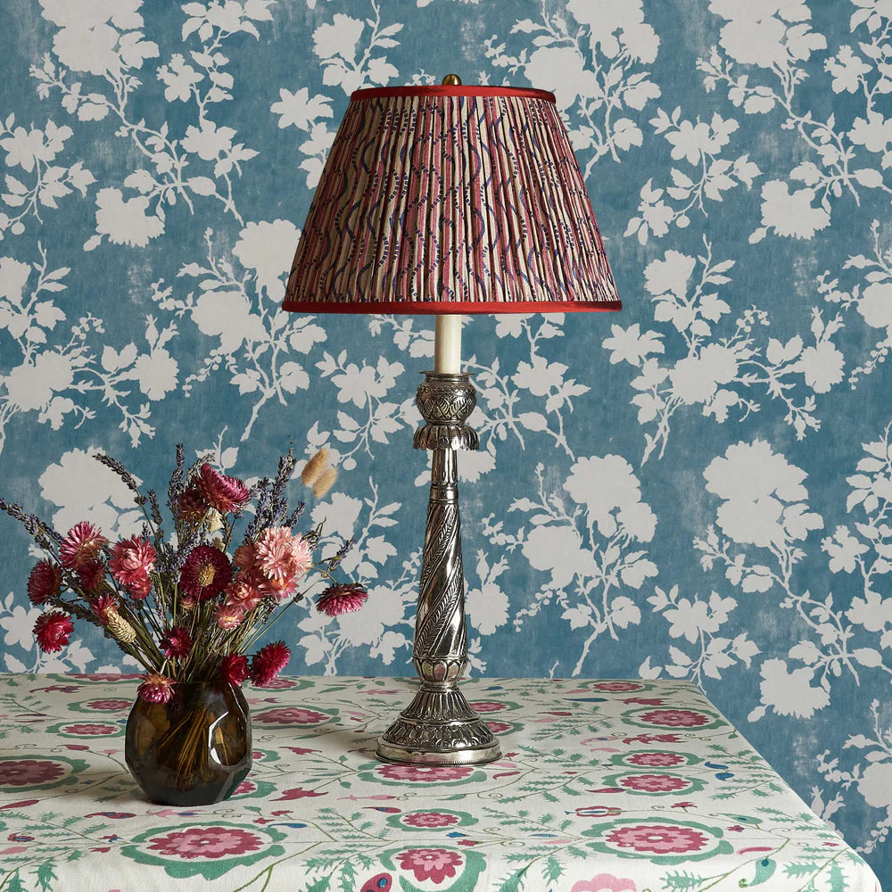 Red Stripe and Blue Squiggle Pleated Silk Lampshade with Red Trim by Penny Morrison