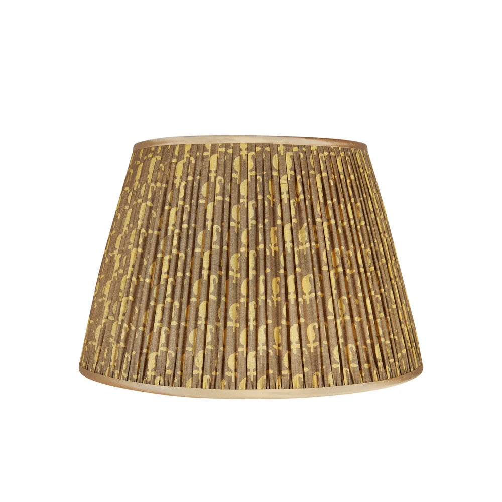 Gold on Olive Motif Pleated Silk Lampshade with Gold Trim by Penny Morrison