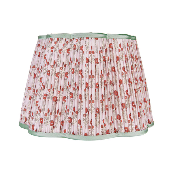 Red on Pink Marigold Pleated Silk Scalloped Lampshade with Mint Trim b