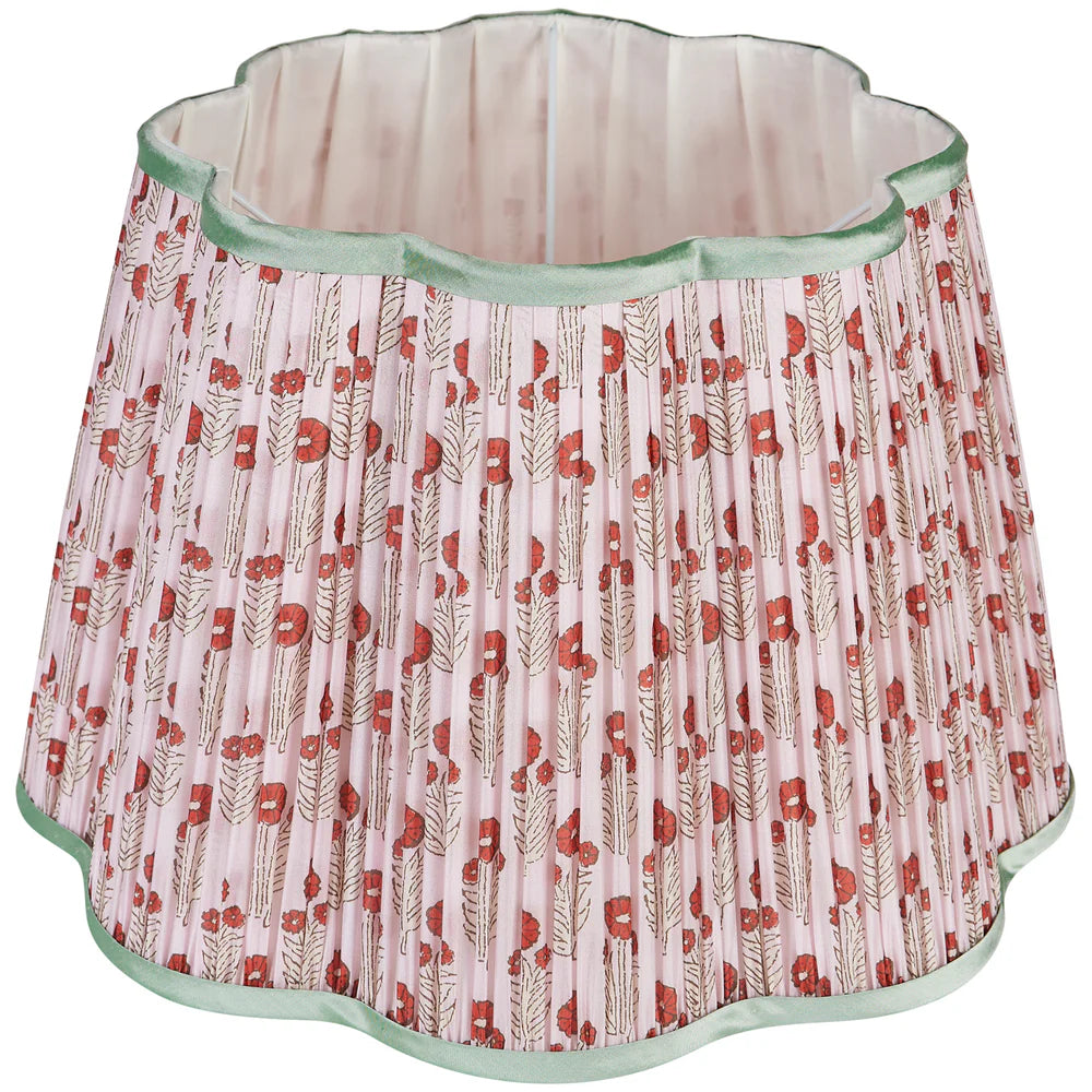 Red on Pink Marigold Pleated Silk Scalloped Lampshade with Mint Trim by Penny Morrison