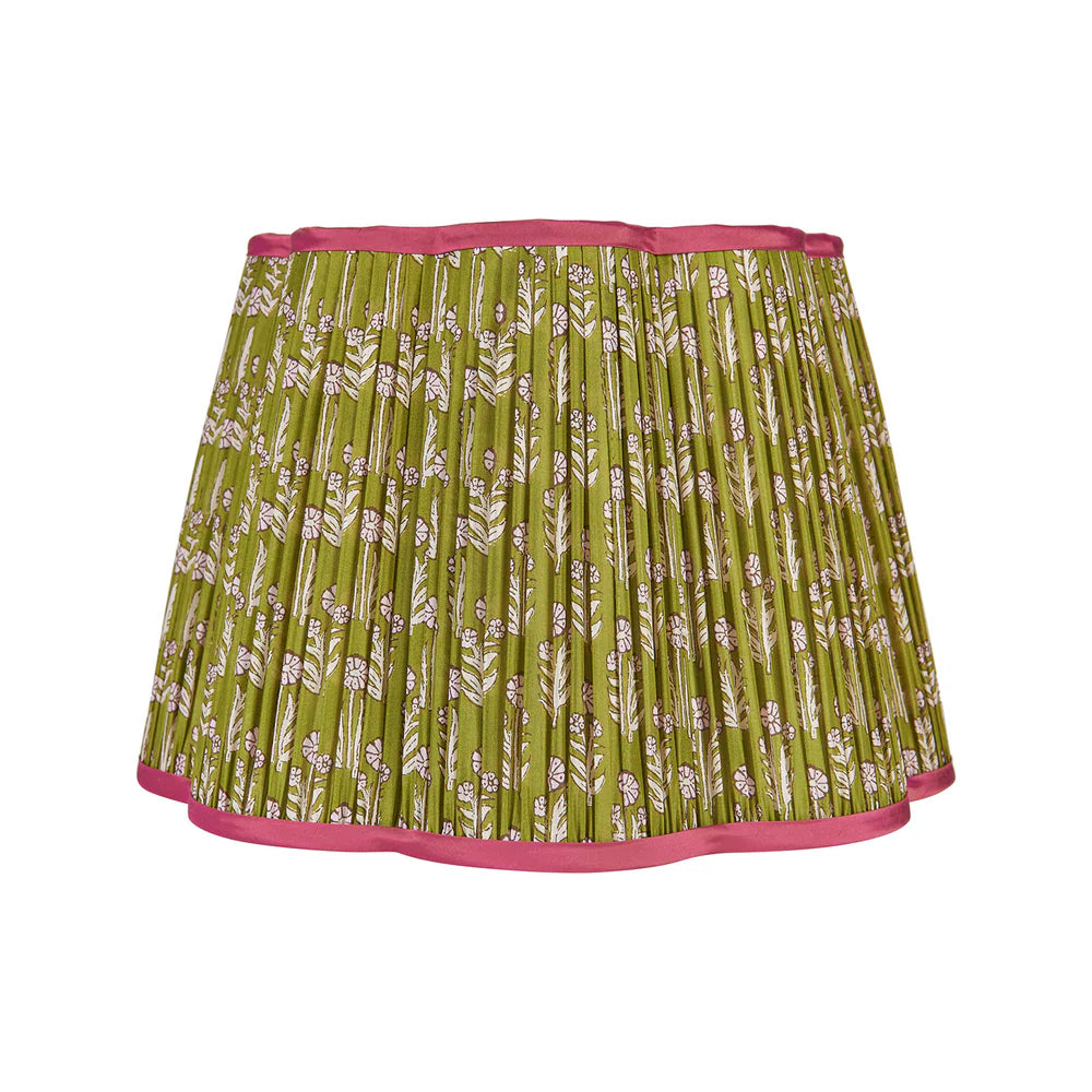 Pink on Green Marigold Pleated Silk Scalloped Lampshade with Pink Trim by Penny Morrison