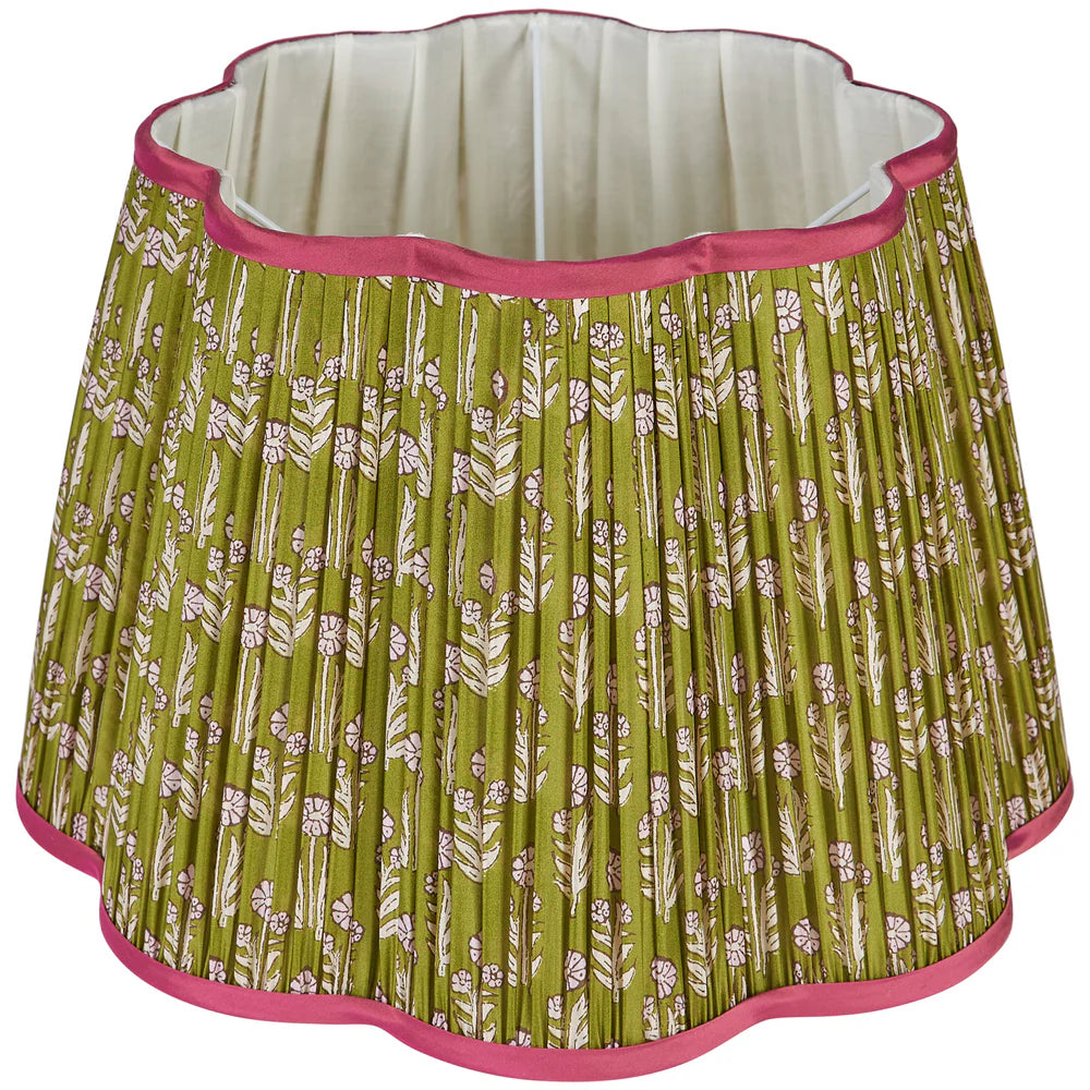 Pink on Green Marigold Pleated Silk Scalloped Lampshade with Pink Trim by Penny Morrison