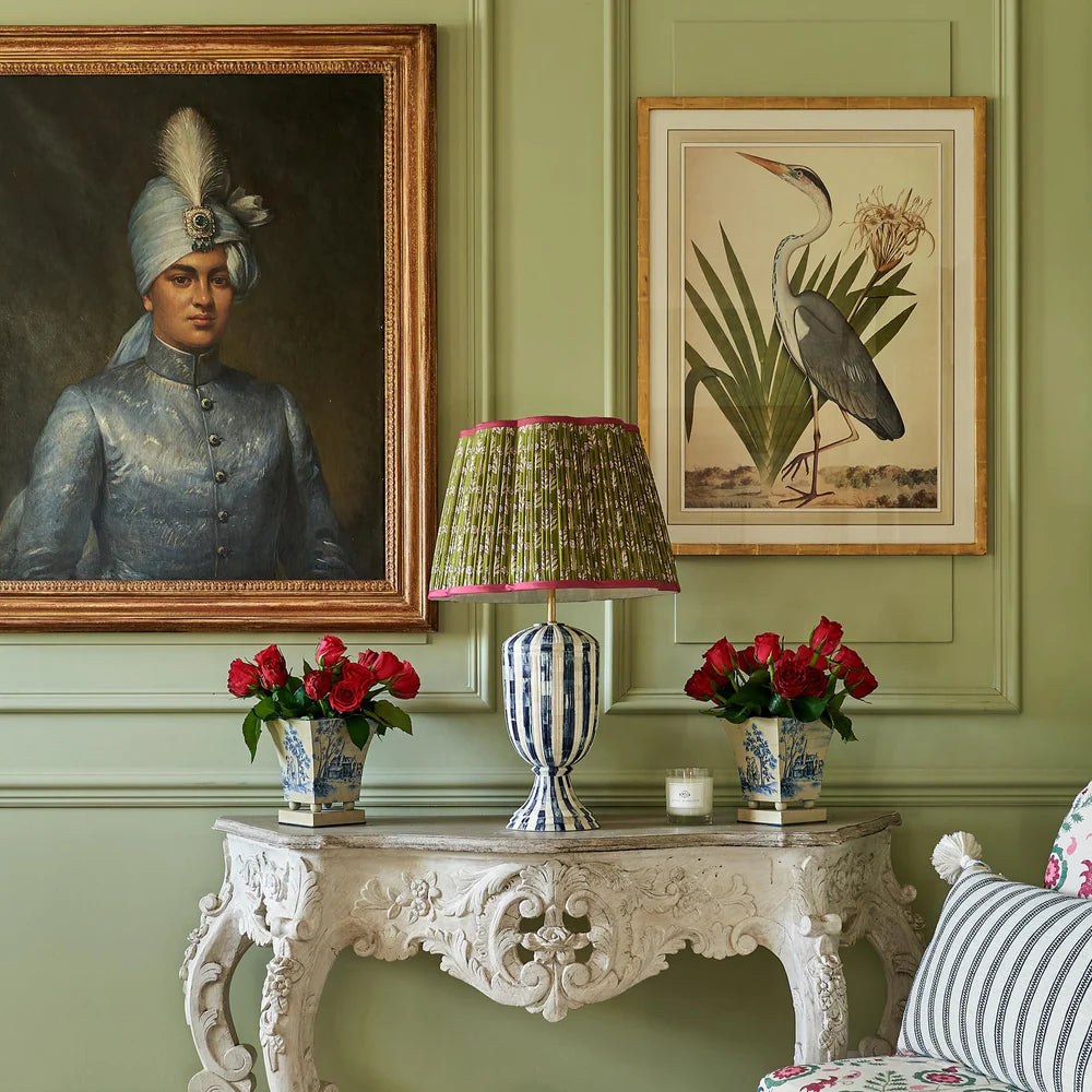 Pink on Green Marigold Pleated Silk Scalloped Lampshade with Pink Trim by Penny Morrison