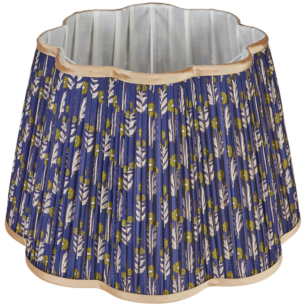 Green on Blue Marigold Pleated Silk Scalloped Lampshade with Gold Trim by Penny Morrison