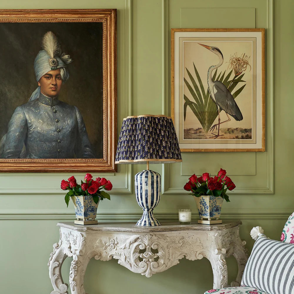 Green on Blue Marigold Pleated Silk Scalloped Lampshade with Gold Trim by Penny Morrison