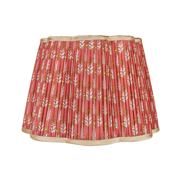 Cinnamon on Red Marigold Pleated Silk Scalloped Lampshade with Gold Tr