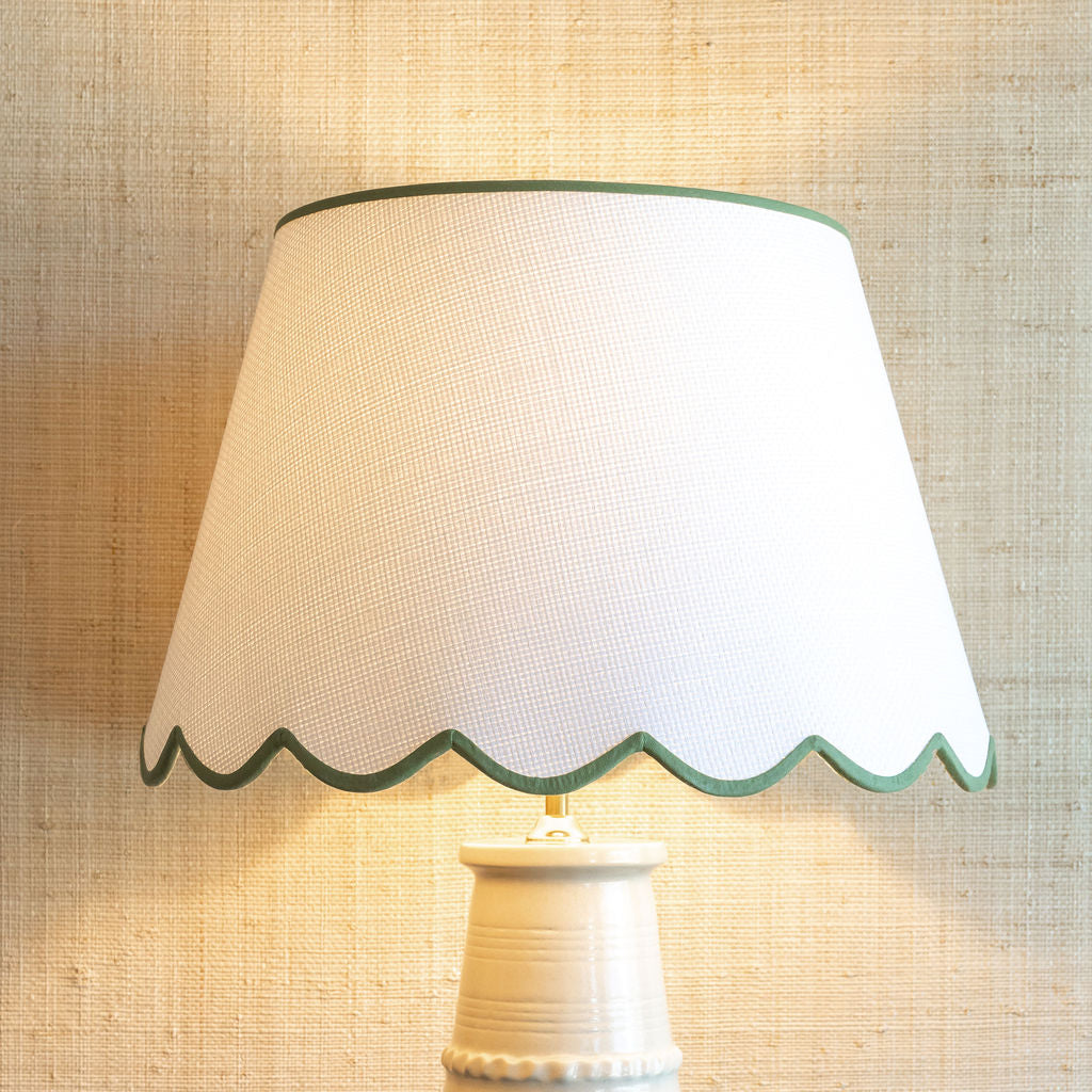 Scalloped Grasscloth Lampshade with Green Trim | Newport Lamp And Shade | Located in Newport, RI