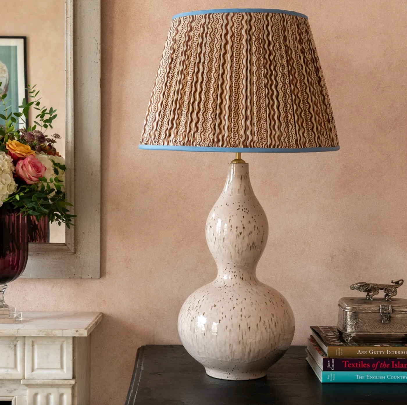 Brown Speckled Double Gourd Ceramic Table Lamp by Penny Morrison | Newport Lamp And Shade | Located in Newport, RI