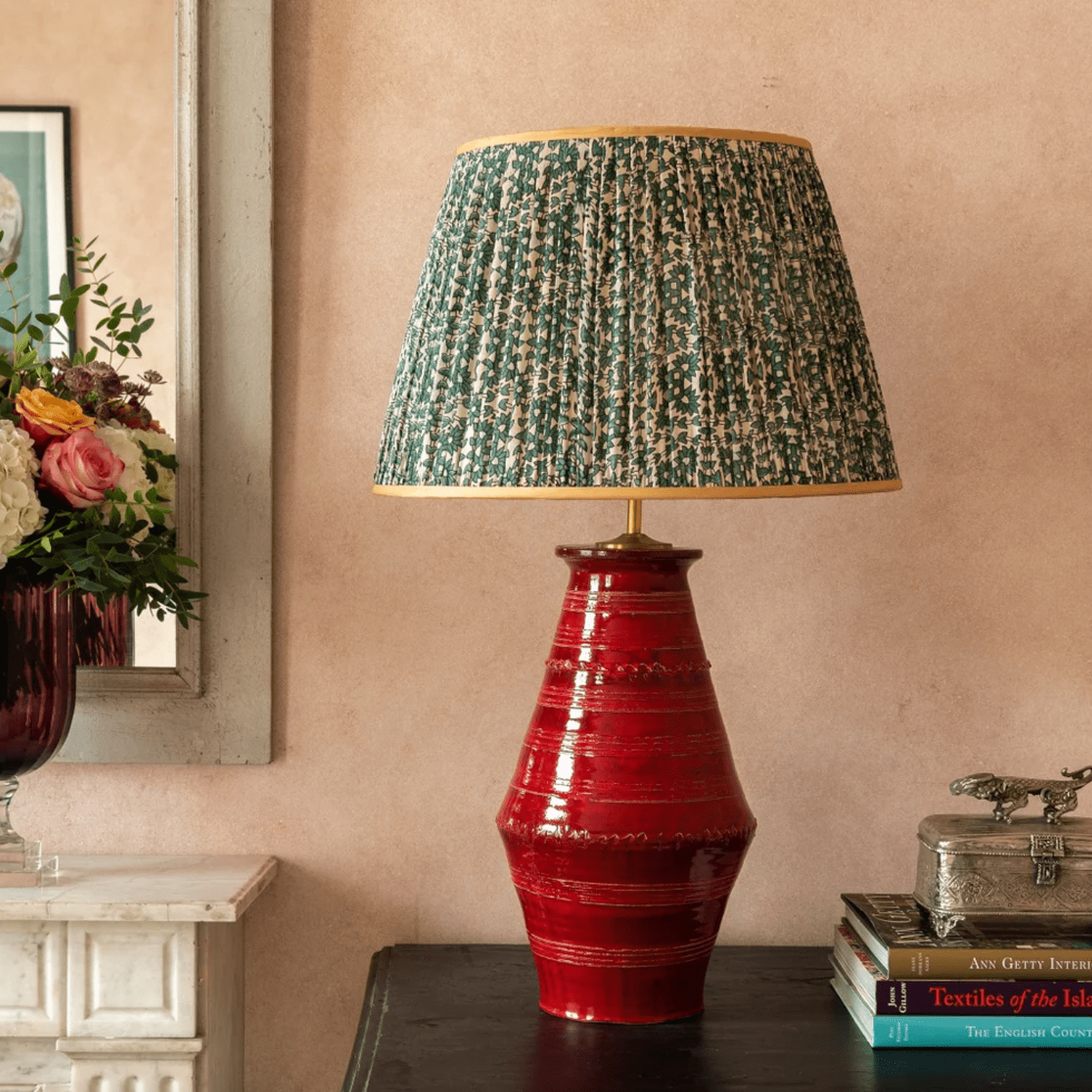 Red Ribbed Vase Ceramic Table Lamp by Penny Morrison | Newport Lamp And Shade | Located in Newport, RI