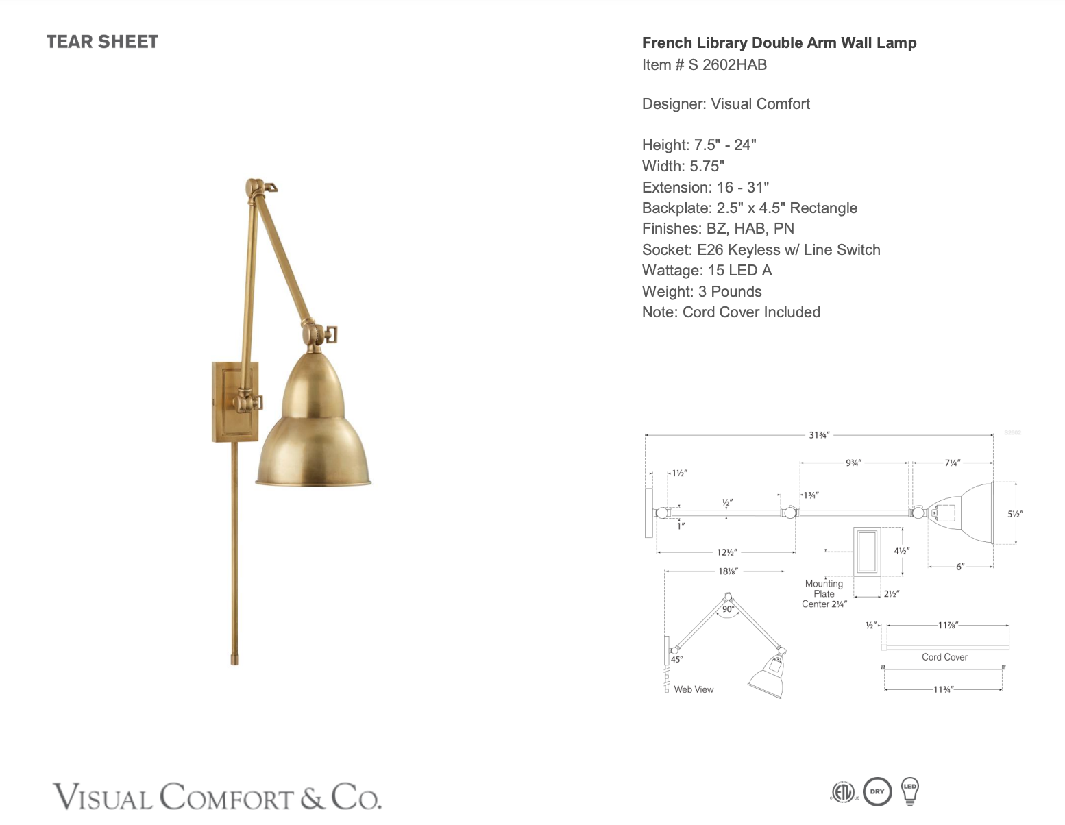 French Library Double Arm Wall Lamp in Antique Brass by Visual Comfort Item S 2602HAB - Newport Lamp & Shade Company