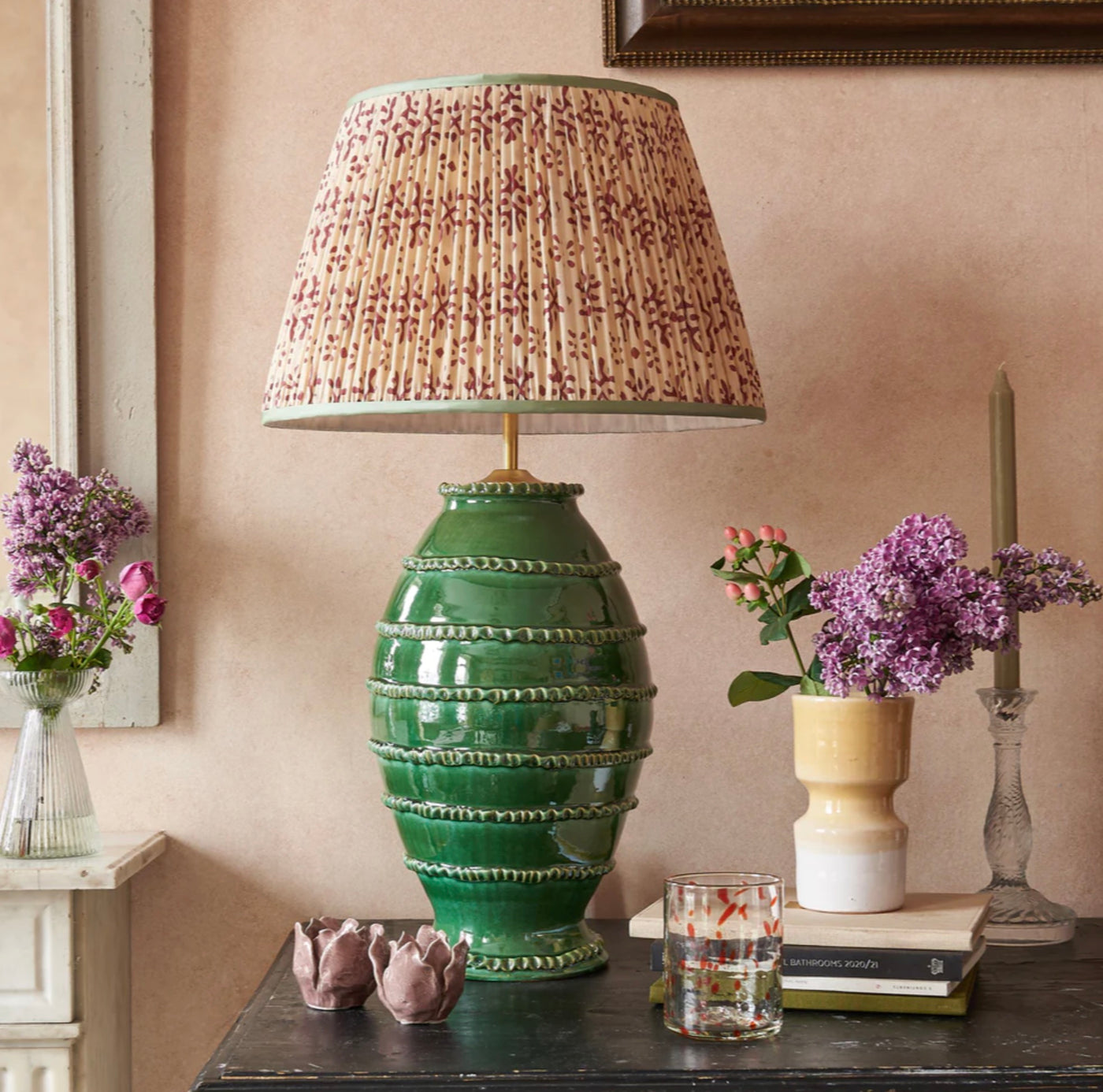 Green Wiggle Ribbed Urn Ceramic Table Lamp by Penny Morrison | Newport Lamp And Shade | Located in Newport, RI