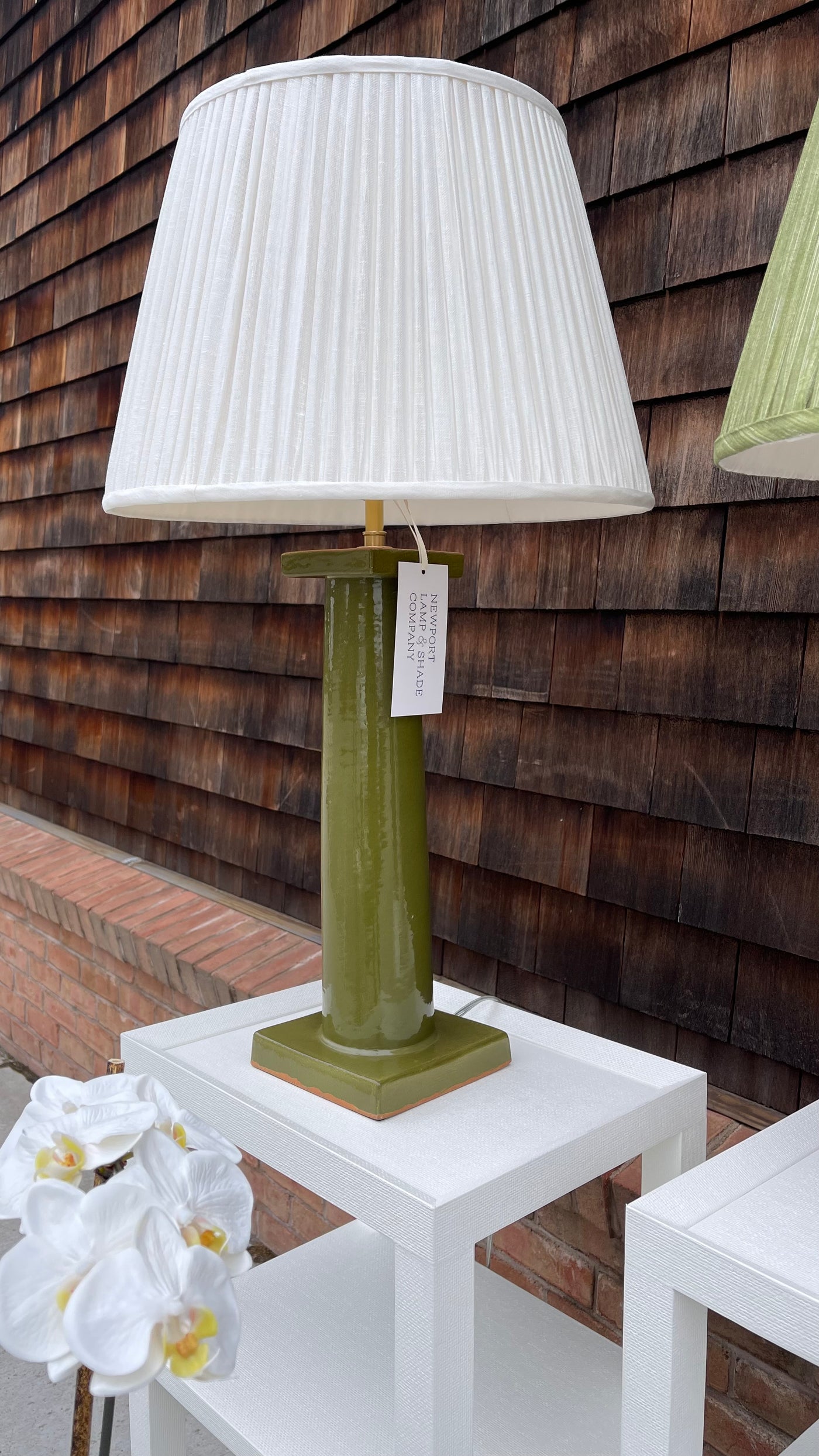 Colonne Large Balustrade Table Lamp in Moss Green | Newport Lamp And Shade | Located in Newport, RI