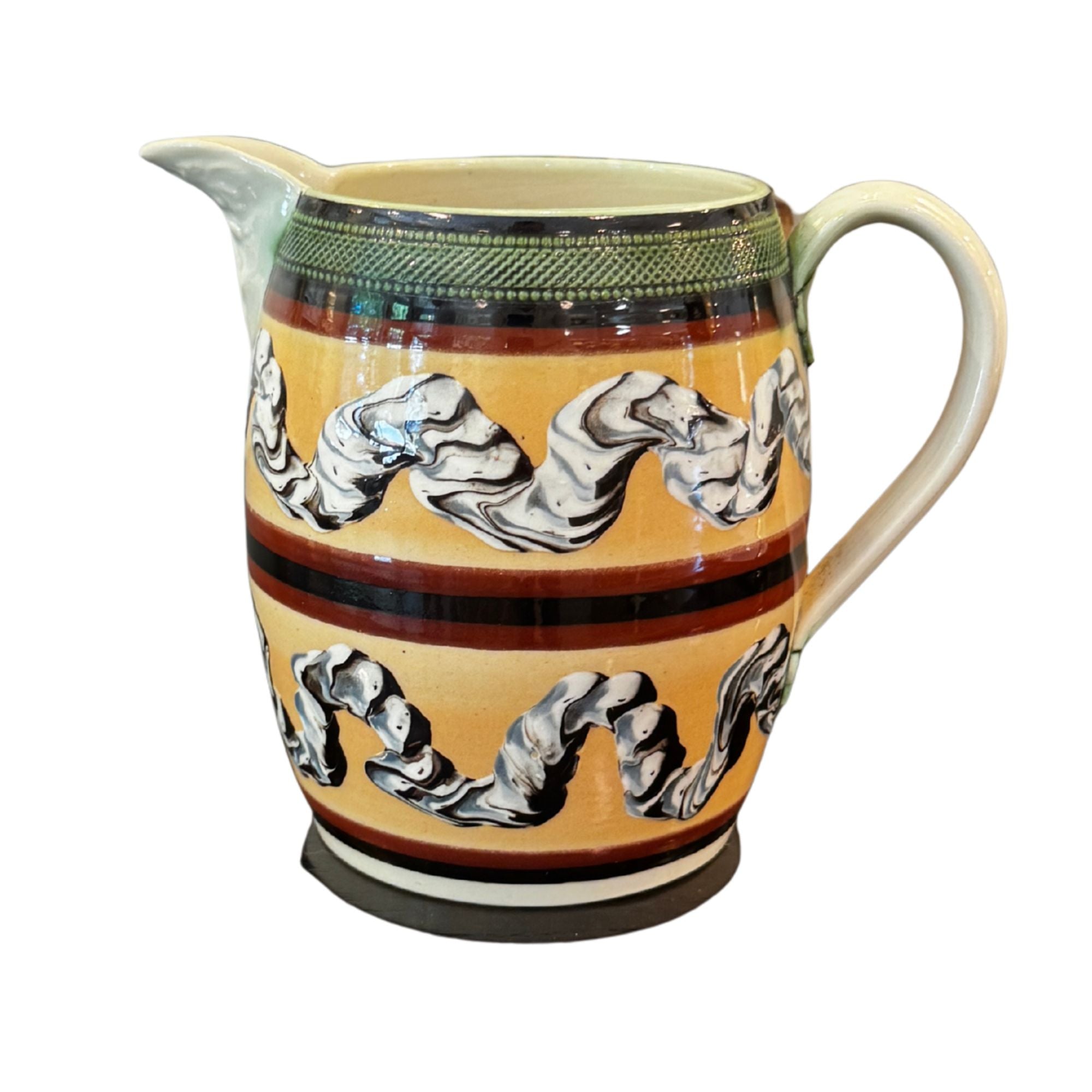 Vintage Mochaware Banded Pitcher with Cream Ground and Snake Motif