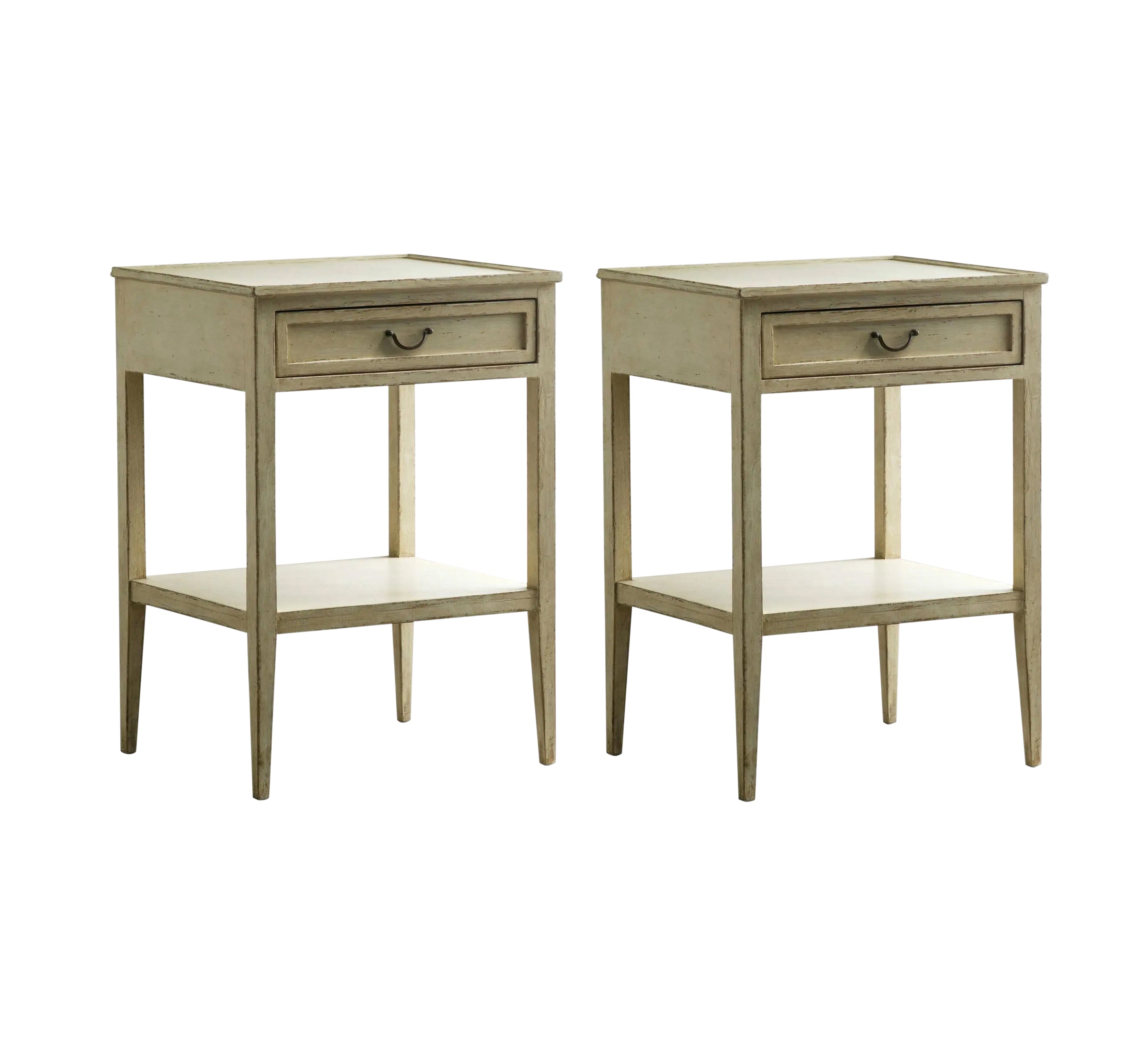 A Pair of Side Tables with a Drawer and Shelf in Antique White Finish  | Newport Lamp And Shade | Located in Newport, RI