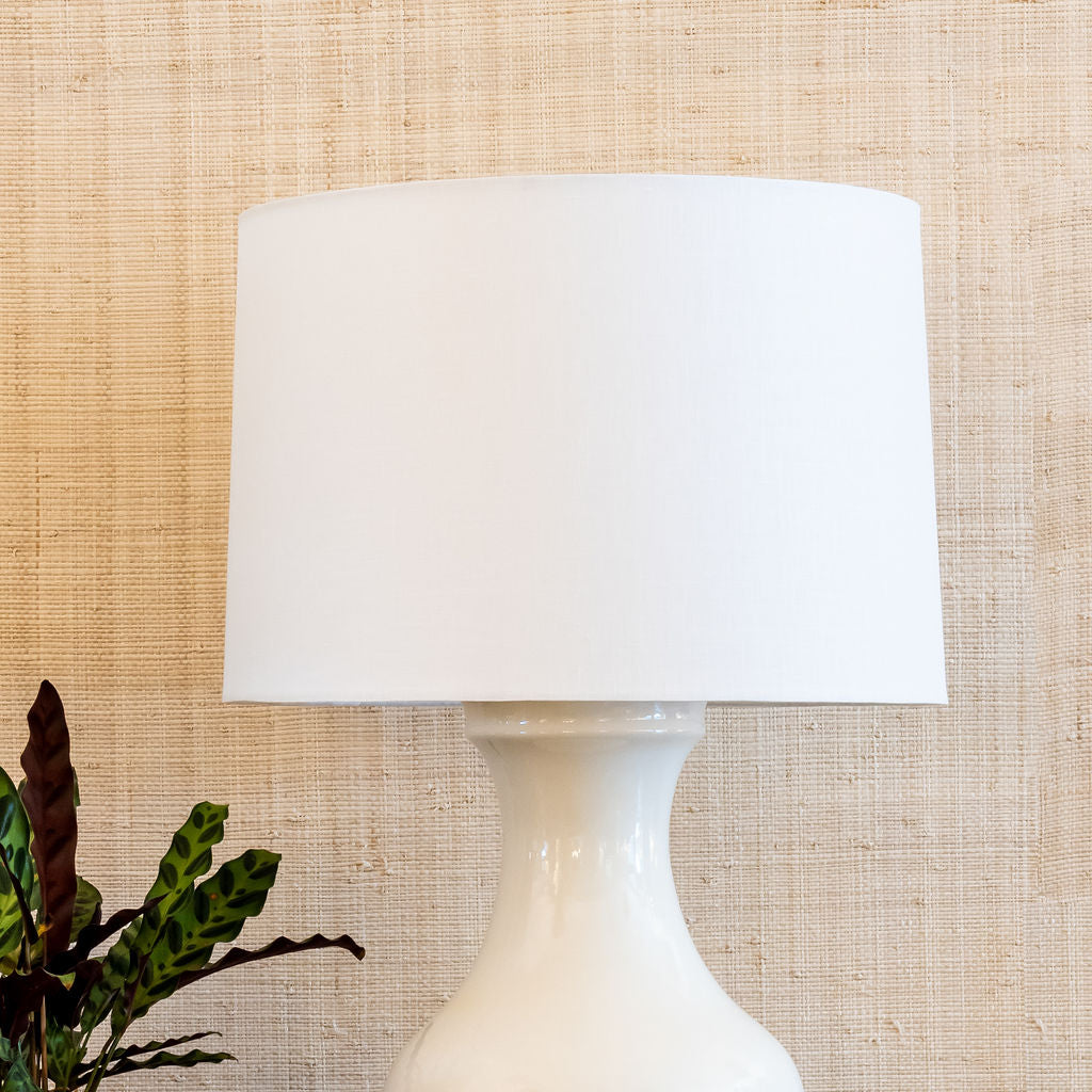 Tapered Drum Lampshade in White Linen | Newport Lamp And Shade | Located in Newport, RI