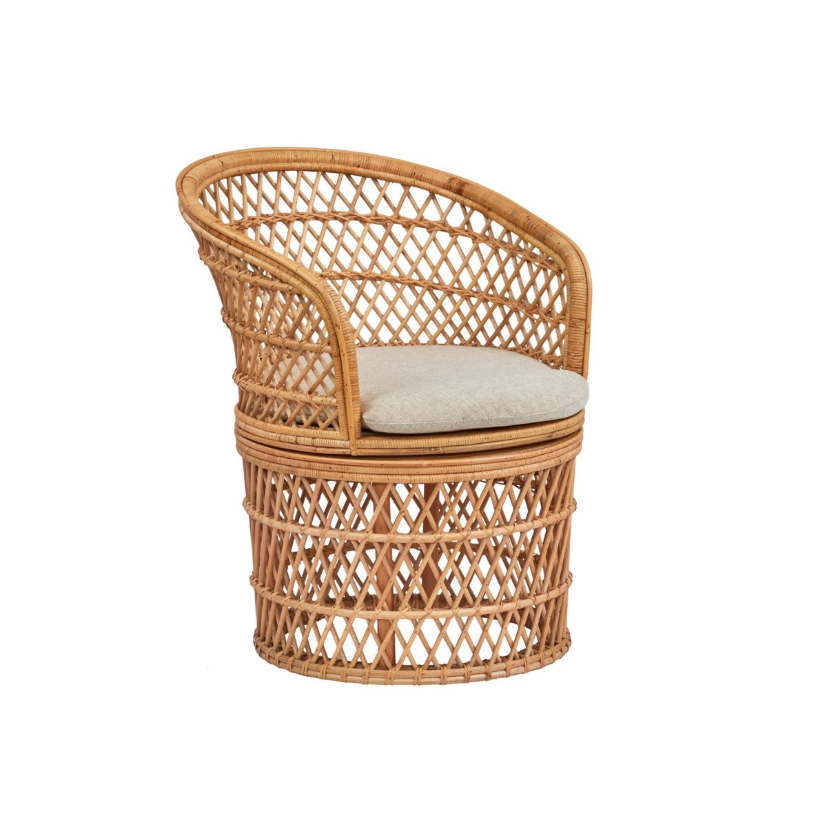 Rattan Barrel Swivel Chair  | Newport Lamp And Shade | Located in Newport, RI