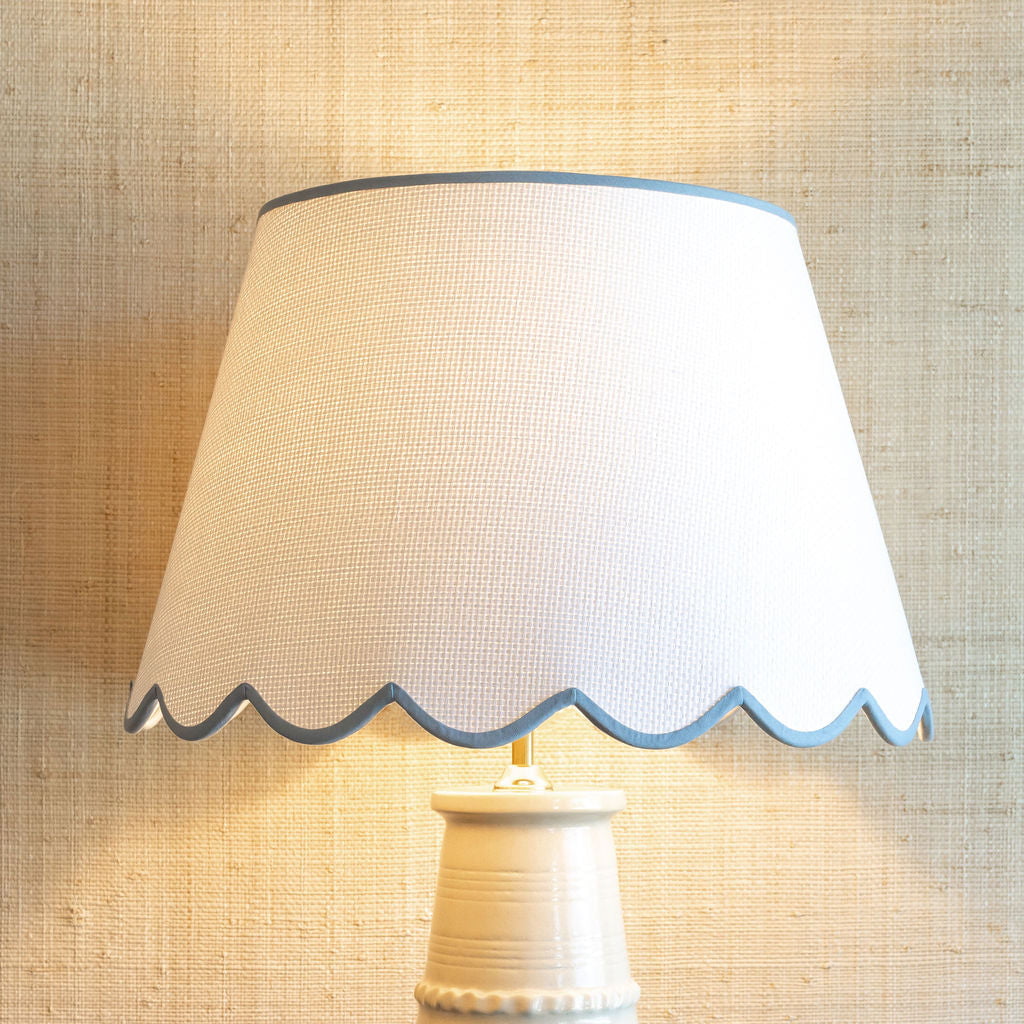 Scalloped Grasscloth Lampshade with Blue Trim | Newport Lamp And Shade | Located in Newport, RI