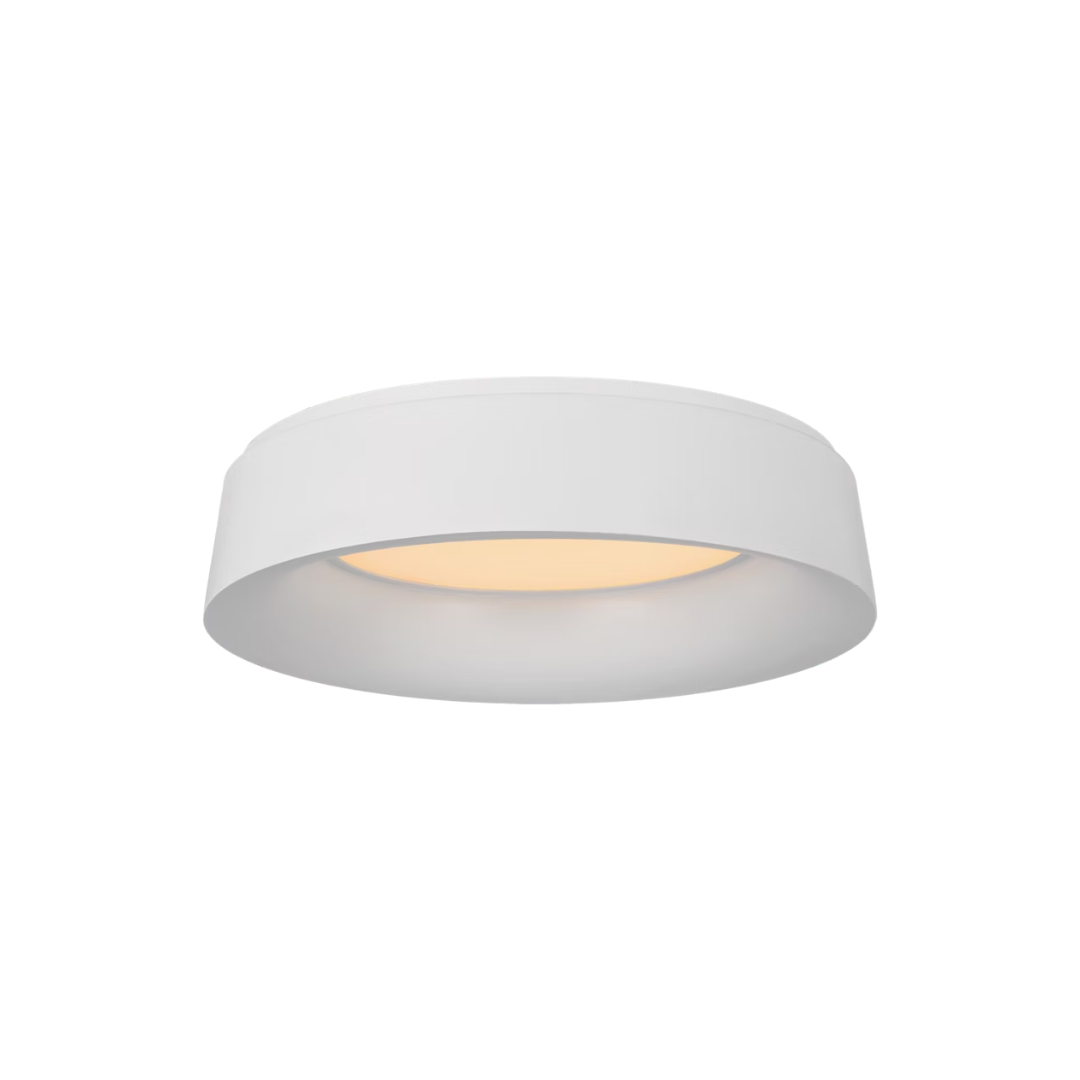Ceiling light fixture with a white shade on a white background