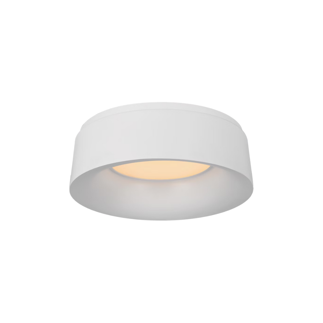 Round white ceiling light fixture on a white background
