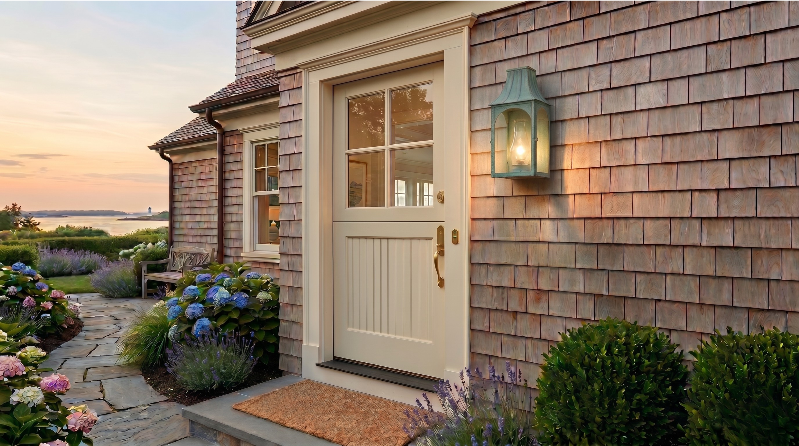 Front door of a house with decorative lighting and garden