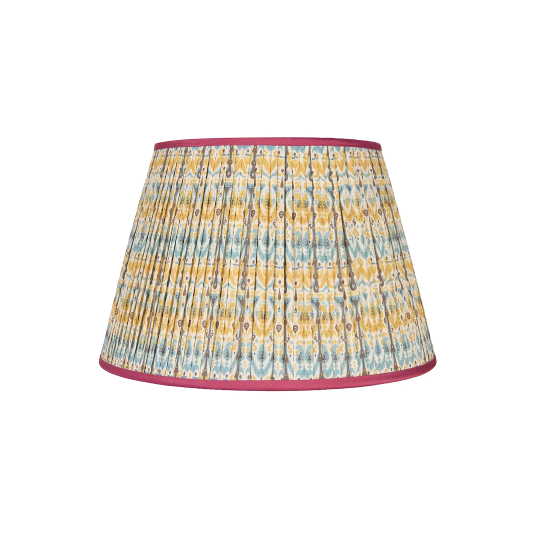 Blue & Yellow Ikat Pleated Lampshade with Pink Trim by Penny Morrison