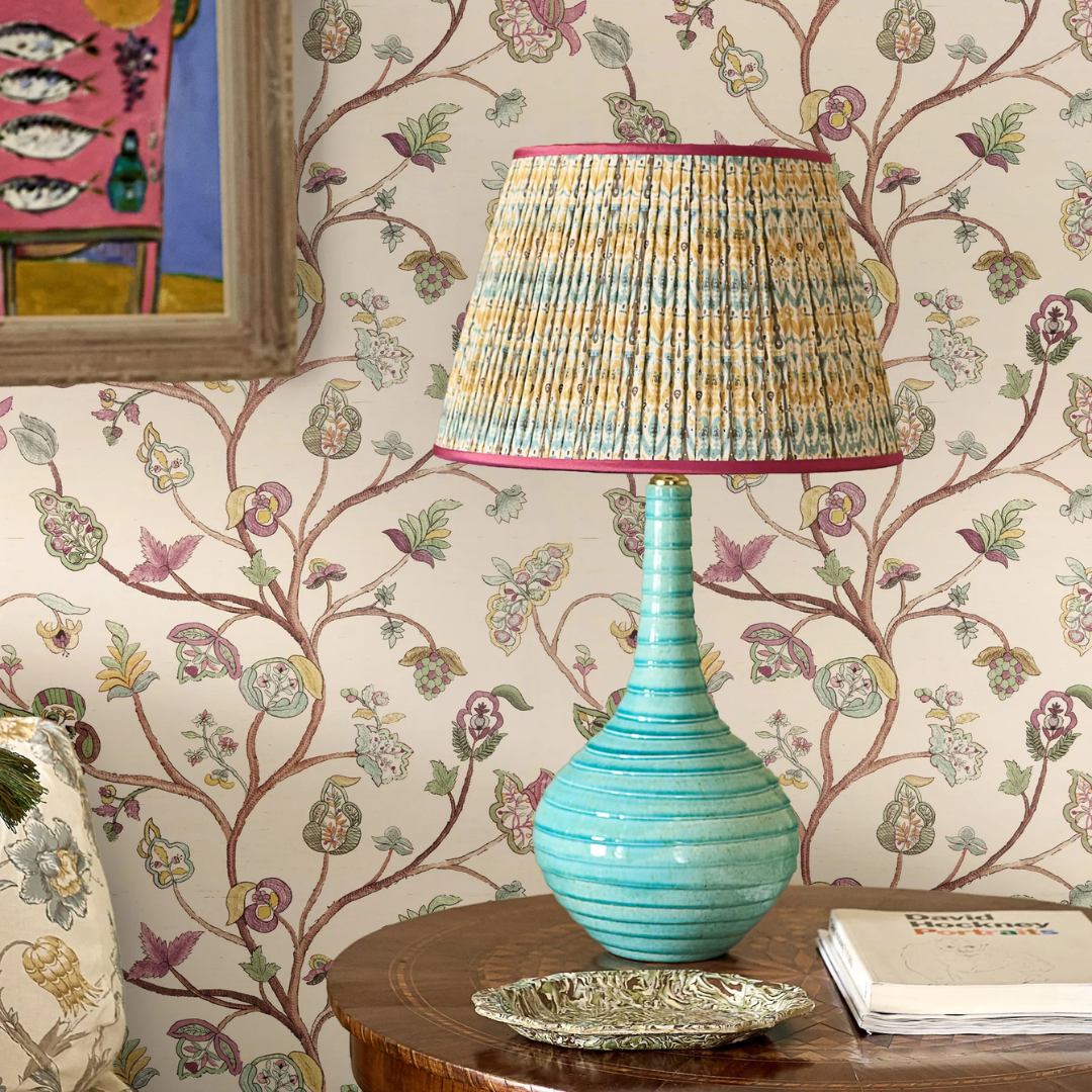 Blue & Yellow Ikat Pleated Lampshade with Pink Trim by Penny Morrison