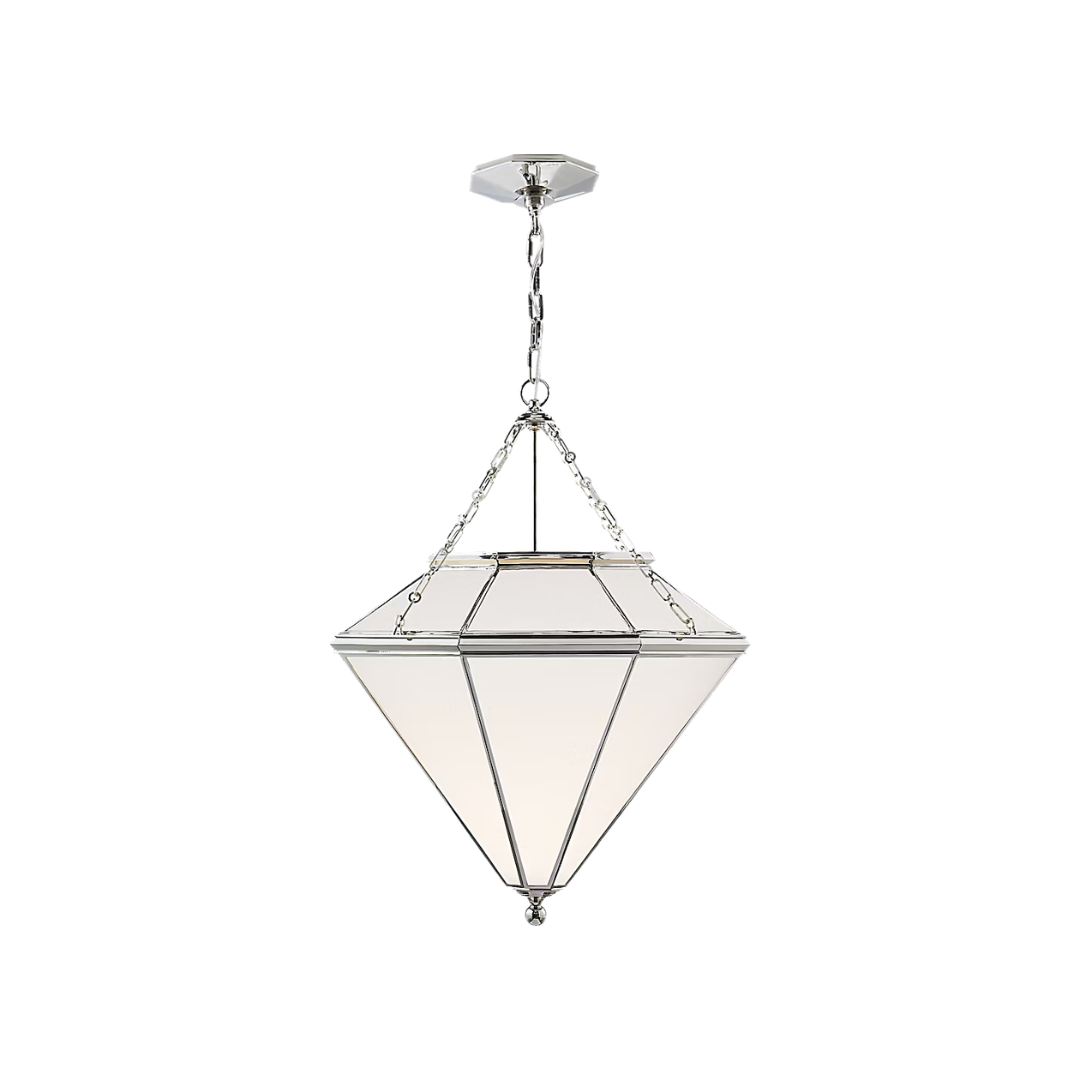 A modern geometric pendant light fixture with a diamond-shaped white glass shade and polished silver metal frame and chain, suspended from a ceiling canopy against a plain white background.