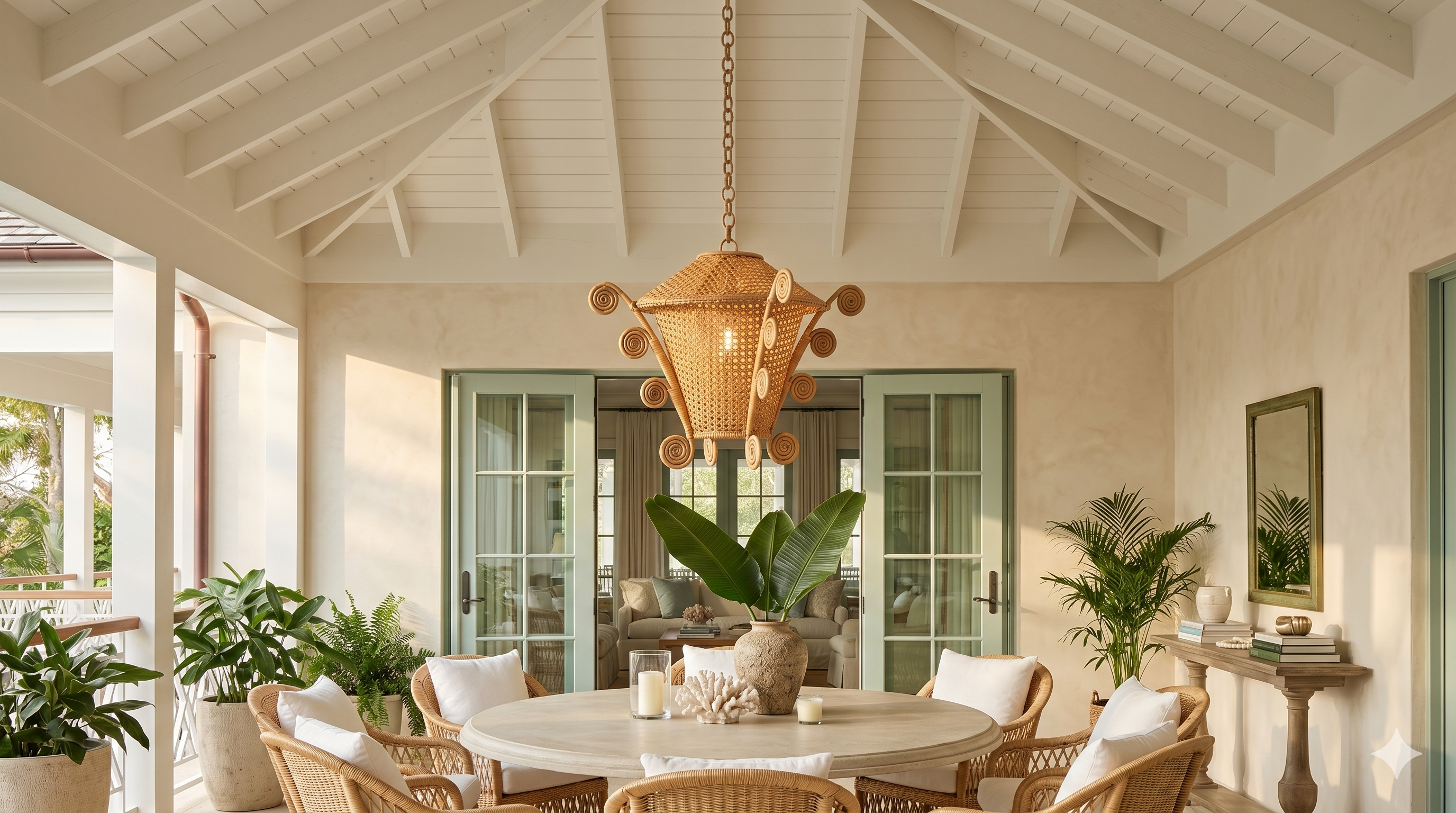 Elegant dining room with a chandelier, table, chairs, and decorative plants.
