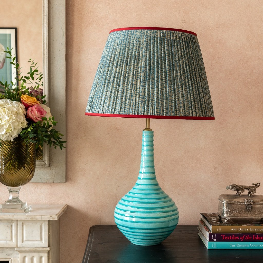 A Pair of Turquoise Spiral Teardrop Ceramic Lamp by Penny Morrison  | Newport Lamp And Shade | Located in Newport, RI