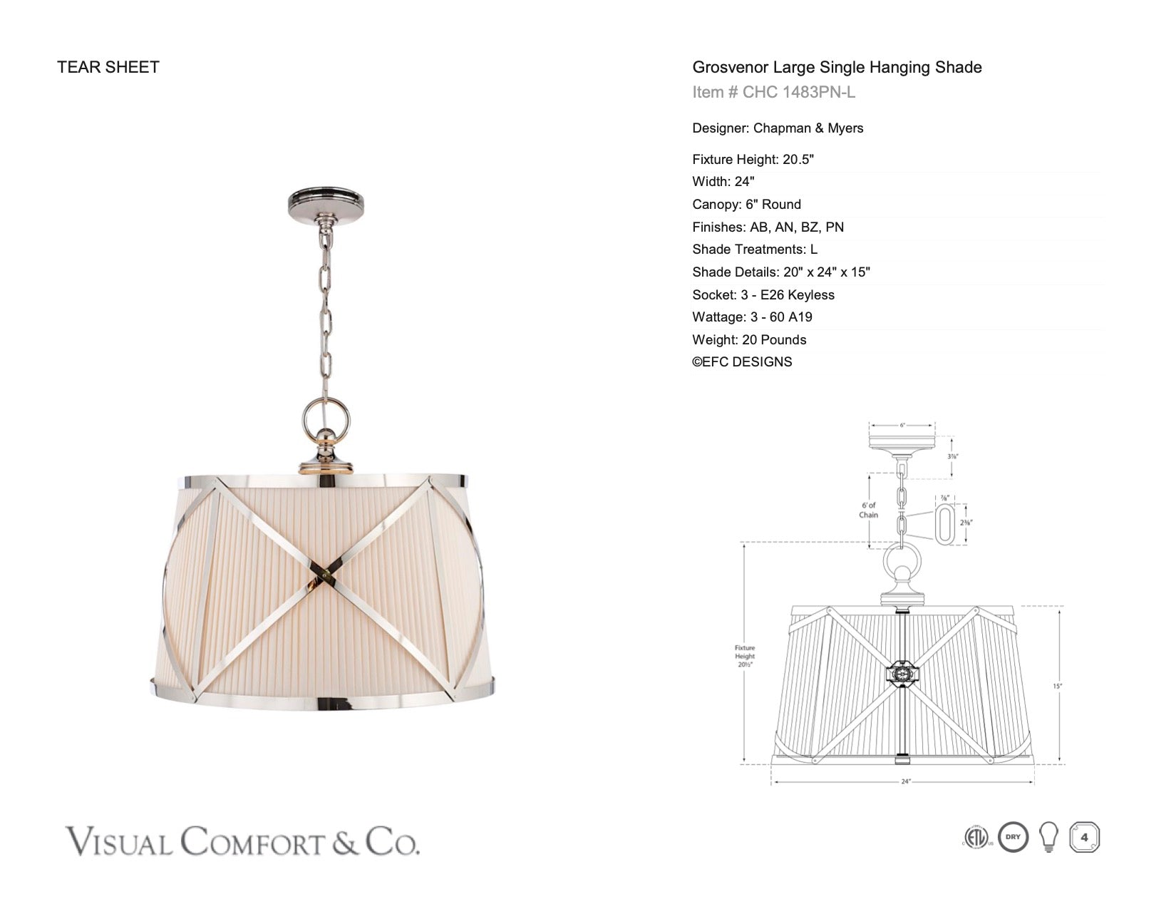 Grosvenor Large Single Hanging Shade in Polished Nickel by Visual Comfort - Newport Lamp & Shade Company