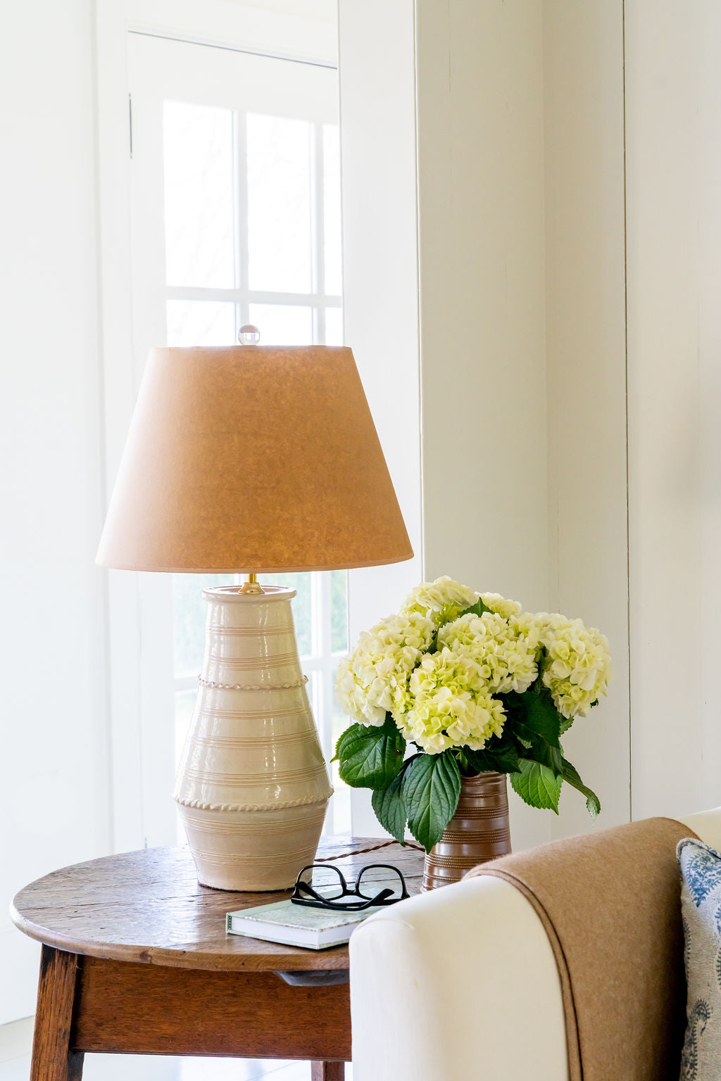 A Blonde Ribbed Vase Ceramic Table Lamp by Penny Morrison | Newport Lamp And Shade | Located in Newport, RI
