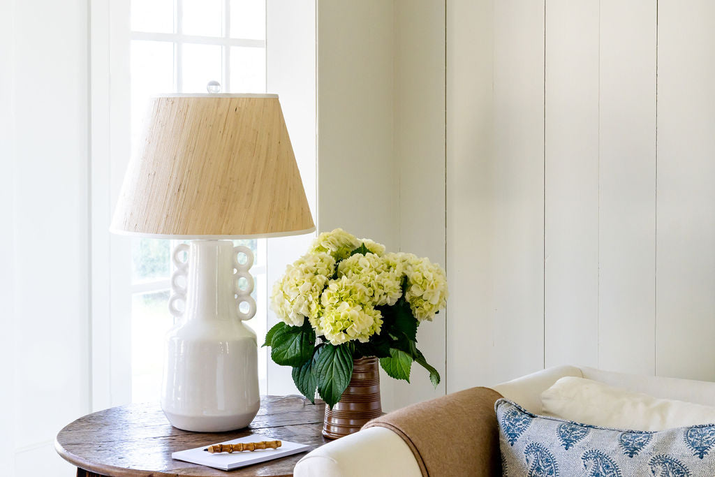 A White-Glazed Ceramic Jar a-la-Frances Elkins, Now Mounted as a Table Lamp | Newport Lamp And Shade | Located in Newport, RI