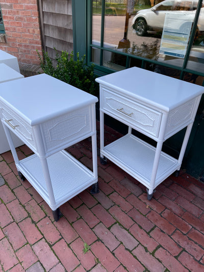 A Pair of White-Painted Rattan Side Tables  | Newport Lamp And Shade | Located in Newport, RI