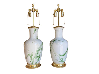 A Pair of Ginger Jar Lamps in Dark Green Marble by Christopher Spitzmiller  | Newport Lamp And Shade | Located in Newport, RI