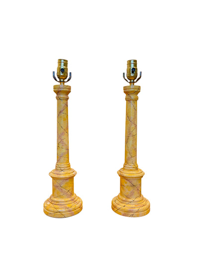 A Pair of Paint-Decorated Yellow & Ochre Columns, Now Mounted as Lamps  | Newport Lamp And Shade | Located in Newport, RI