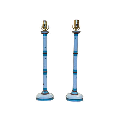 A Pair of Paint-Decorated Candlestick Lamps in Blue & Brown  | Newport Lamp And Shade | Located in Newport, RI
