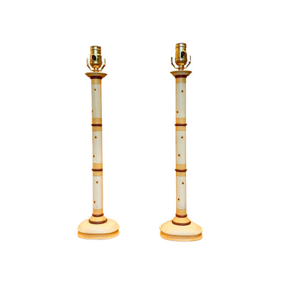 A Pair of Paint-Decorated Candlestick Lamps in Yellow & Brown  | Newport Lamp And Shade | Located in Newport, RI